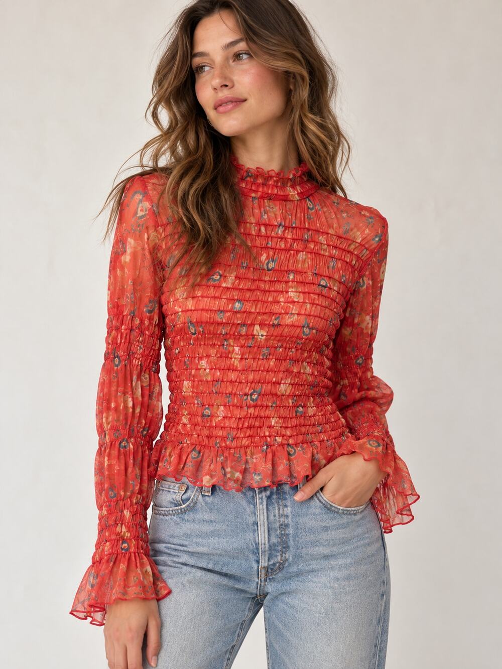 Free People Hello There Grenadine Floral Semi Sheer Mock Neck Smocked Top (L)